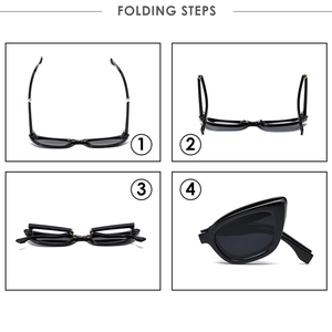 Chic black cat eye folding sunglasses shown in a step-by-step collapse guide