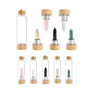 Eco-friendly glass energy water bottle with natural bamboo lid and colorful crystal columns