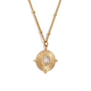 18K gold plated stainless steel sunburst pendant necklace with oval white crystal stone