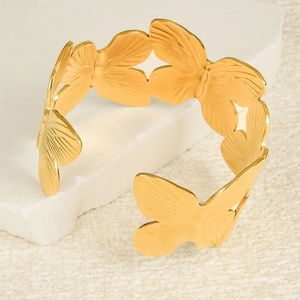 Bracciale rigido regolabile in acciaio inossidabile 304 placcato oro 18K con farfalle