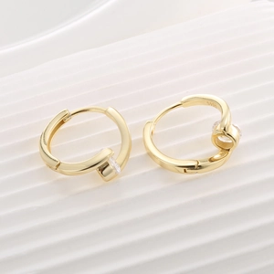 Elegant 14K gold plated S925 silver hoop earrings with round zircon stones