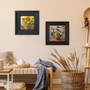 European vintage square photo frames with ornate black carved borders and oil flower paintings