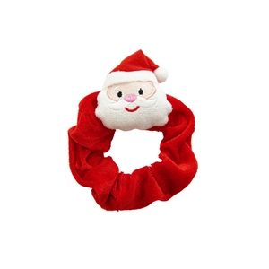 Festive red velvet scrunchie featuring a plush Santa Claus head mascot for Christmas