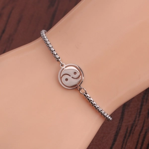 Adjustable stainless steel Yin Yang bracelet with polished silver bead chain for women