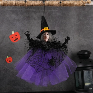 Hanging Halloween witch decoration with purple tulle dress, pointed hat and spider accent