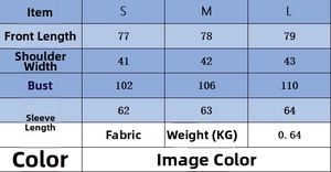 Detailed size chart for slim fit blazer showing length, chest, and sleeve measurements