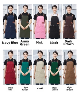 Grid display of waterproof canvas aprons in various colors with adjustable straps