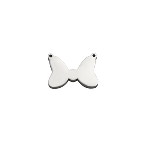 Close-up of polished stainless steel butterfly pendant with dual connection holes