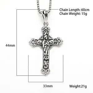Men's retro silver stainless steel cross necklace with dimensions 44x33mm and 60cm chain