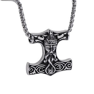Vintage Thor's Hammer Mjolnir pendant necklace in retro silver stainless steel finish