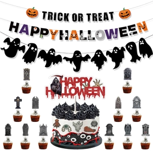 Halloween party decoration set featuring spooky banners, cake toppers, and horror elements