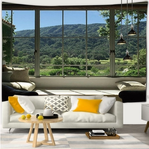 Detail of 3D forest window landscape tapestry on a living room wall behind a sofa