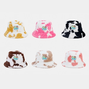 Bucket Hat Plush Faux Fur Cow Print Warm Thickened Fashion Basin Hat Women Winter