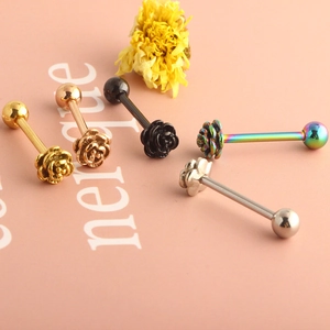 Detailed view of rose-shaped stainless steel tongue rings in five distinct metallic colors