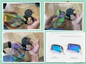 Detail view of colorful TPU makeup bag thickness measurement and size comparison