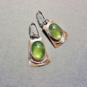 Vintage silver oval olive green moonstone drop earrings with brushed handmade finish