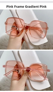 Detail of pink transparent square sunglasses with gradient lenses and rice nail accents