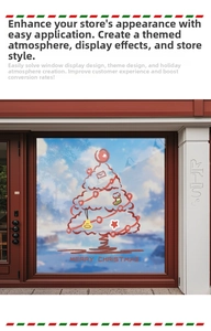 Detail of Christmas tree window stickers with hand-drawn bells and Merry Christmas text