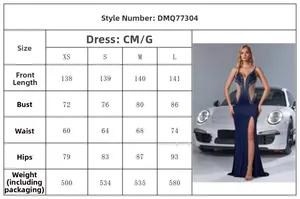 Size guide table for elegant sequined evening dress including length and bust measurements