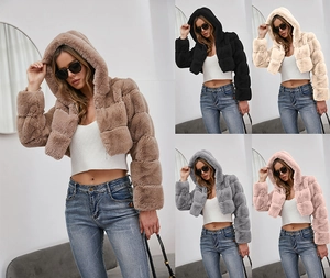 Detailed grid of hooded faux fur coats in brown, black, beige, gray, and pink colors