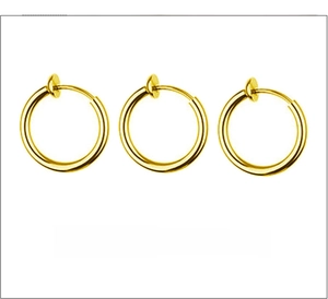 Three-piece set of golden clip-on hoop earrings for men and women without piercings