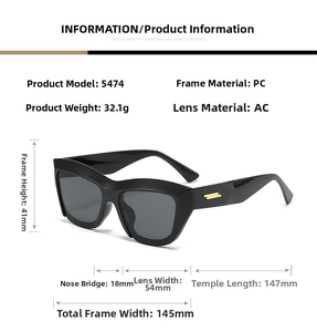 Detailed size chart for retro sunglasses showing frame width, lens height and temple length