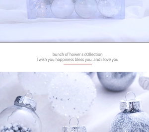 Detail of clear Christmas balls filled with foam and silver glitter festive ornaments