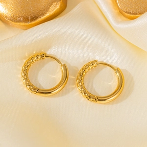 Chic 18K gold plated stainless steel hoop earrings with hammered texture on silk backdrop