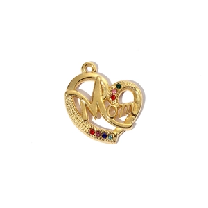 Detail of a gold heart pendant with Mom lettering and colorful rhinestones inlay