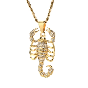 Collier pendentif scorpion en acier inoxydable doré hip hop avec strass en cristal