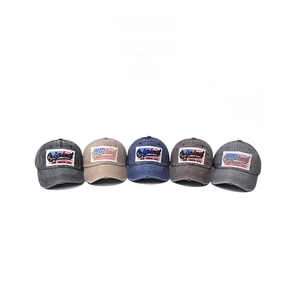 Detailed display of vintage washed cotton baseball caps in five colors with embroidery