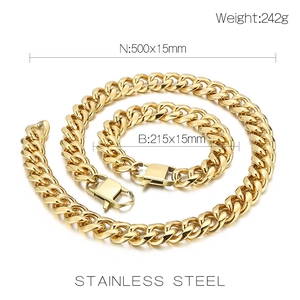 Polished gold stainless steel Cuban chain necklace and bracelet set with size specifications