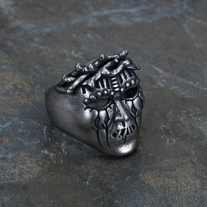 Punk style stainless steel skeleton mask ring with thorn crown in distressed silver finish