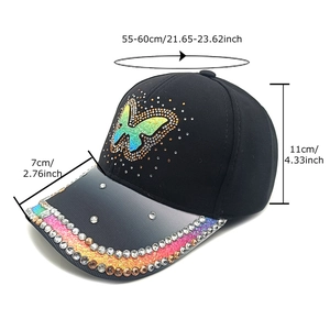 Berretto da baseball nero in cotone con farfalla di strass e dimensioni dettagliate
