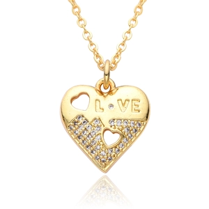 18K gold plated heart necklace with zircon inlay and LOVE engraving on white background