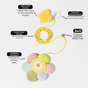 Hanging cat toy with plush flower, elastic cord, silver bell and adjustable sticky hook