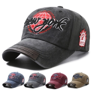 Vintage Washed Cotton Baseball Cap New York Embroidery Distressed Retro Sun Hat With Leather Trim Adjustable Buckle
