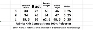Detailed size chart for striped knit cardigan including shoulder and bust measurements