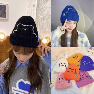 Winter knitted beanie with cute bear embroidery available in multiple vibrant colors