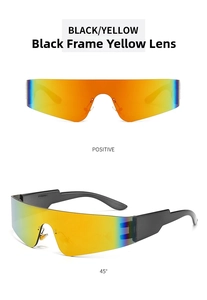 Close-up of frameless sports sunglasses with yellow gradient mirror lenses and black frame