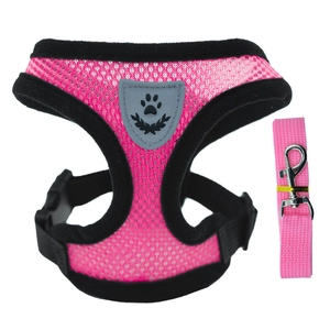 Pink breathable mesh pet harness and leash set with durable metal buckle on white background