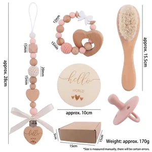 Baby gift set with heart beech wood teether pacifier clip and soft brush in gift box