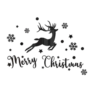 Christmas wall decal with black reindeer silhouette, snowflakes, and Merry Christmas text