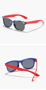 Detail of blue kids' dinosaur sunglasses with red temples and CE safety certification mark