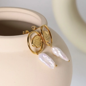 Baroque Artificial Pearl Drop Earrings Titanium Steel Gold Plated Irregular Heart Textured Vintage French Style Jewelry Women
