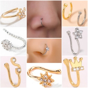 Copper Zirconia Fake Nose Ring Clip On Flower Star Crown Non Piercing U Shaped Nose Jewelry For Women Creative Nose Clip