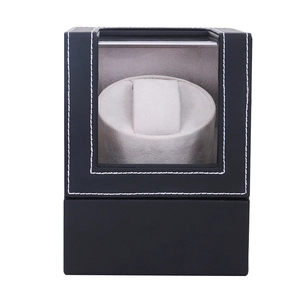 Automatic single watch winder in black leather with clear window and cream velvet pillow