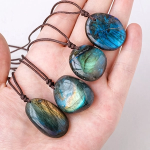 Natural labradorite stone pendants with blue glow and adjustable brown braided cord