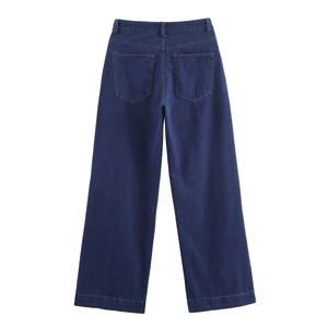 Détail de la vue arrière du pantalon en jean bleu foncé à jambes larges avec poches