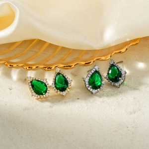 Emerald Green Teardrop Stud Earrings Vintage Elegant Halo Cubic Zirconia Copper Brass Jewelry Gift For Women